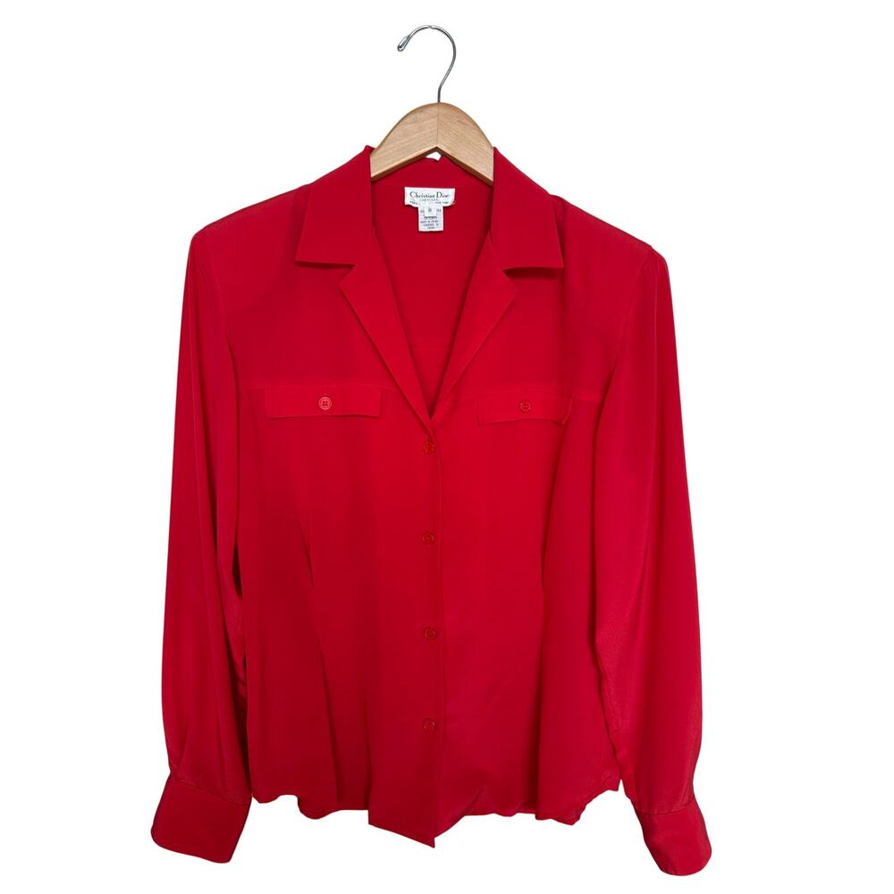 Vintage Christian Dior Chemises Button Down Sheer Blouse Women’s Size 8 Red Top